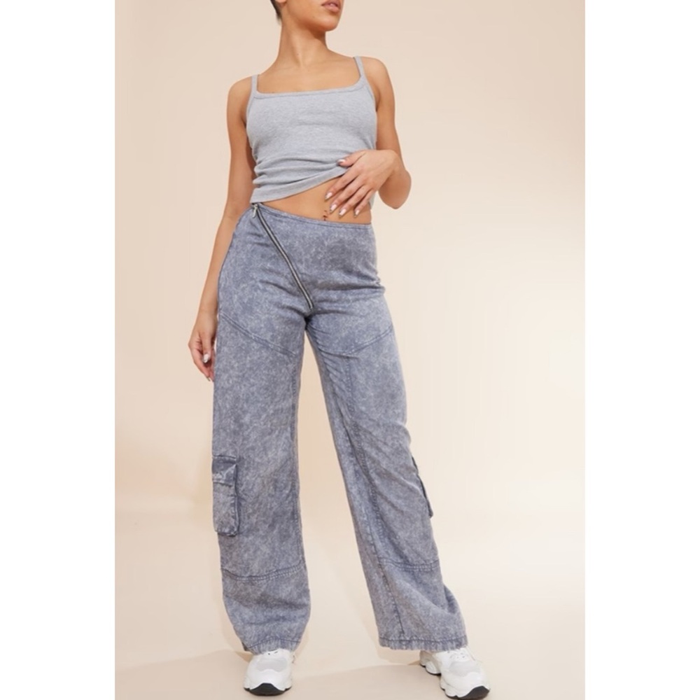 Washed Twill Asymmetric Zip Front Wide Leg Cargo's